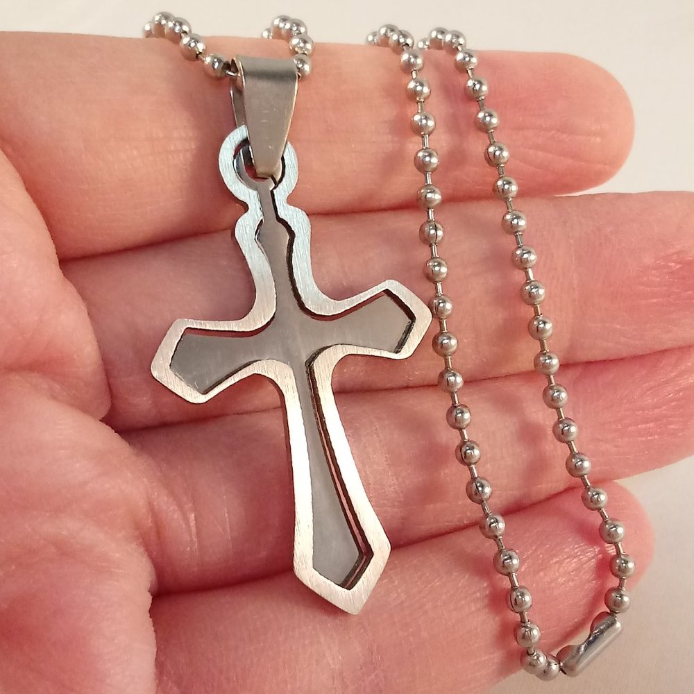 Mens Stainless Steel Cross Cut Fit Pendant Bead Chain Necklace 23" Gorgeous Gift - Picture 4 of 4